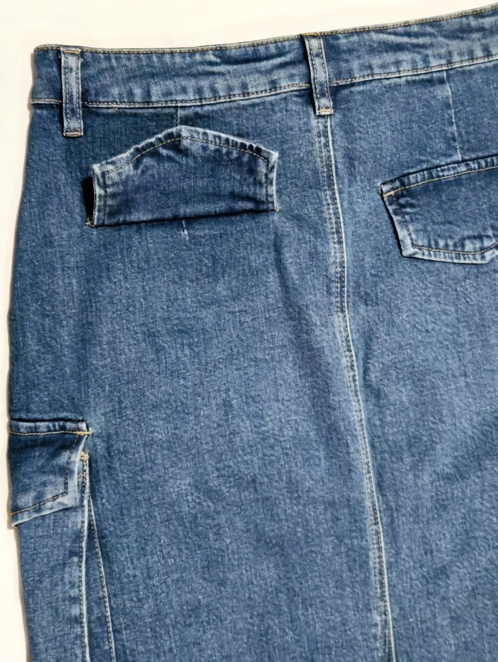 Denim Cargo Pocket Midi Skirt - Blue